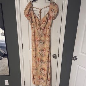 Orange and Pink Floral Midi Dress with Puff Sleeves